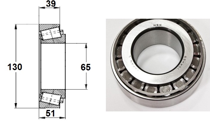 Подшипник ступичный передний внутренний 65KW01 (NSK) TR131305R (KOYO) CR-1355 (NTN) HD/TR/MMC MH043082/ 51701-69000 d65*130 h39 (NSK)